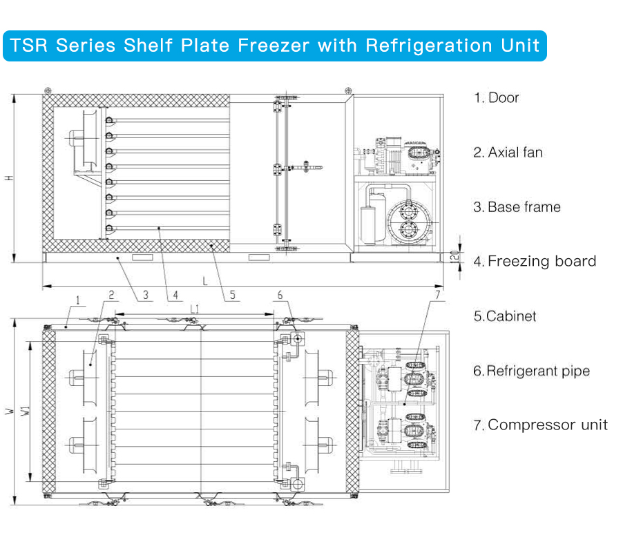 TSR Series Shelf Plate Freezer with Refrigeration Unit Profile Drawing